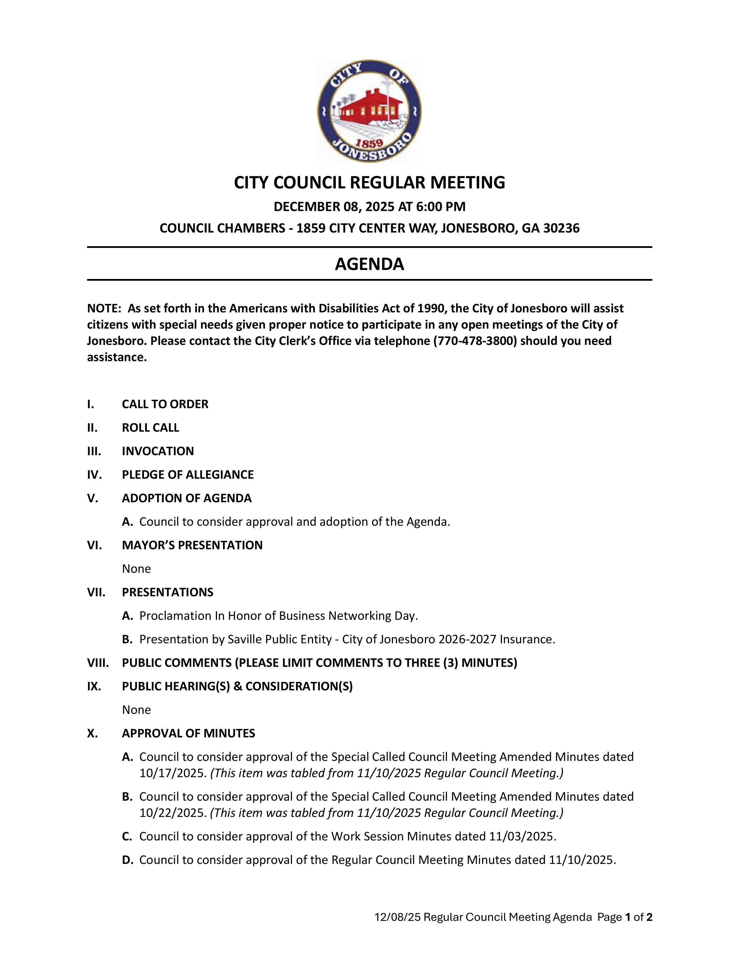CITY COUNCIL REGULAR SESSION AGENDA DECEMBER 08, 2025